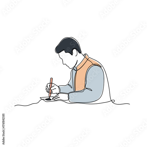 Man practicing calligraphy with ink at a table, concept of unposed leisure scenes  