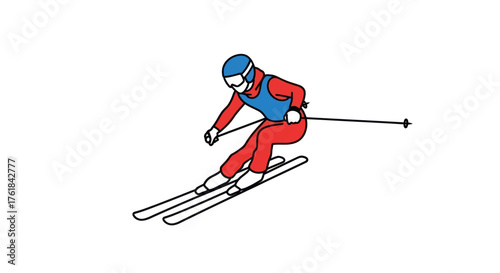 Dynamic illustration of a skier in mid-action wearing a helmet and goggles.