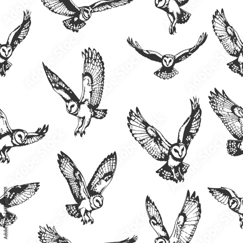 Seamless black and white pattern of barn owls in flight and landing poses. Hand-drawn style with detailed feathers and heart-shaped faces, perfect for wildlife, nature, or vintage-themed designs.