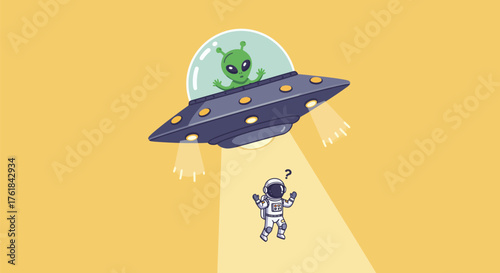 A cute cartoon alien in a UFO abducting a surprised astronaut with a tractor beam against a yellow background.