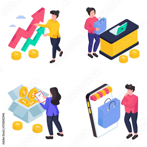 Set of Commercial Consumers and Analytics Isometric Illustrations 