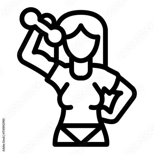 Athlete woman lifting small dumbbell line icon, body building concept. Vector graphics. Girl with arm muscles, training sign on white background, style icon mobile or web design.