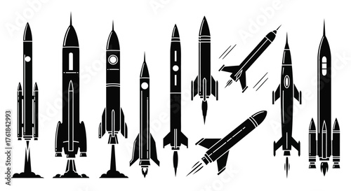 A collection of various rocket and spaceship silhouettes in black, isolated on a white background.
