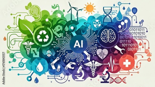 Artificial intelligence combines elements of healthcare, science and nature, sustainability, symbolizing innovation and interconnectedness in the dynamic modern world.