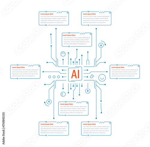 Eight steps artificial intelligence themed infographic template. Infographic template for technology, business, education, industry, and the industrial world. Artificial intelligence information templ
