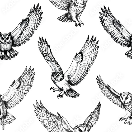 Seamless black and white pattern of barn owls in flight and landing poses. Hand-drawn style with detailed feathers and heart-shaped faces, perfect for wildlife, nature, or vintage-themed designs.