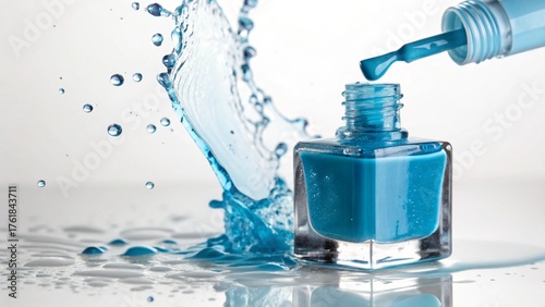 White background studio shot of plastic and glass bottles containing water, perfume, and blue liquid soap with a pump dispenser