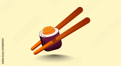 Modern flat vector of a sushi roll topped with caviar and chopsticks. Great for Asian restaurant menus, food blogs, or culinary branding.
