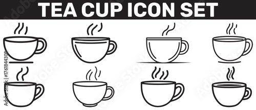 Eight steaming teacup icons show varied outline styles on a white background
