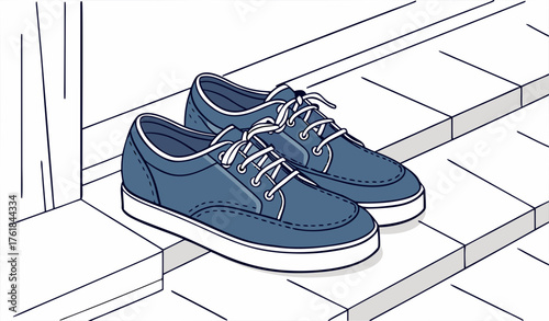 "Blue leather shoes placed neatly on a wooden surface against a white background, smooth polished texture highlighted by soft studio light, clean minimalist fashion product photo."