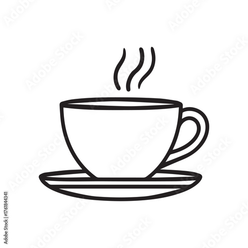 Line drawing showing a steaming hot drink in a cup and saucer on white background