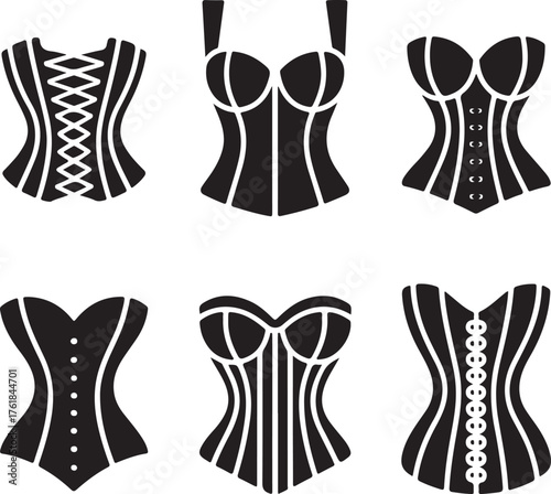 A vector icon collection of six different women's corset and bustier designs, showcasing various vintage and classic styles