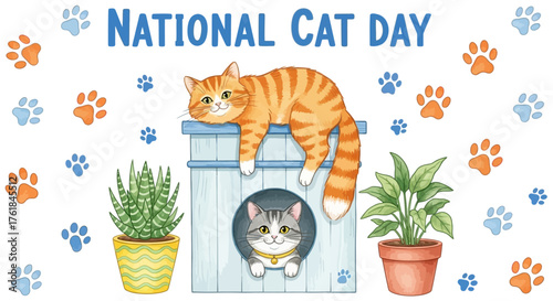 Cute watercolor illustration celebrating national cat day with playful cats and paw prints