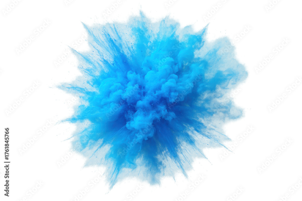 Fototapeta premium Vibrant blue powder exploding in a large cloud, creating abstract texture and dynamic movement on transparent background