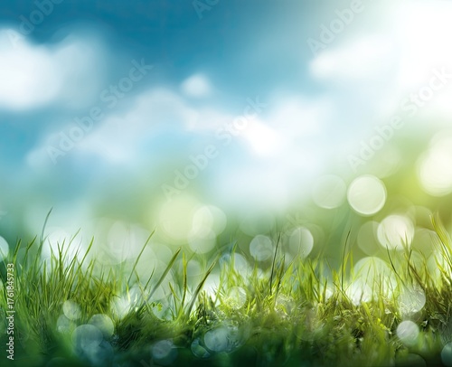 Lush green grass with blurred bokeh effect and a vibrant blue sky background