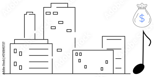 Linear cityscape with tall buildings, a money bag symbolizing financial success, and a musical note reflecting creativity. Ideal for business, innovation, finance, music industry, urban development