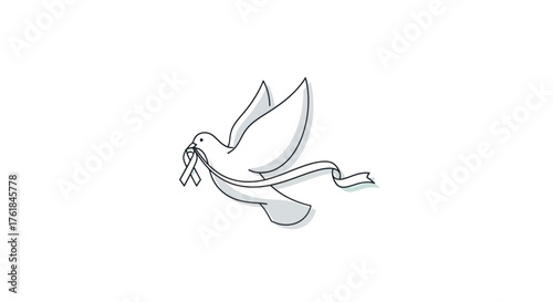 Flying White Dove Line Art Carrying Ribbon in Beak.