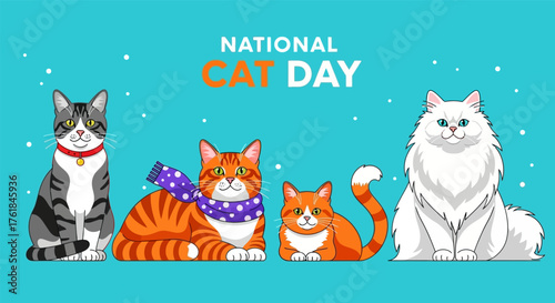 Happy national cat day illustration with four cute cats celebrating