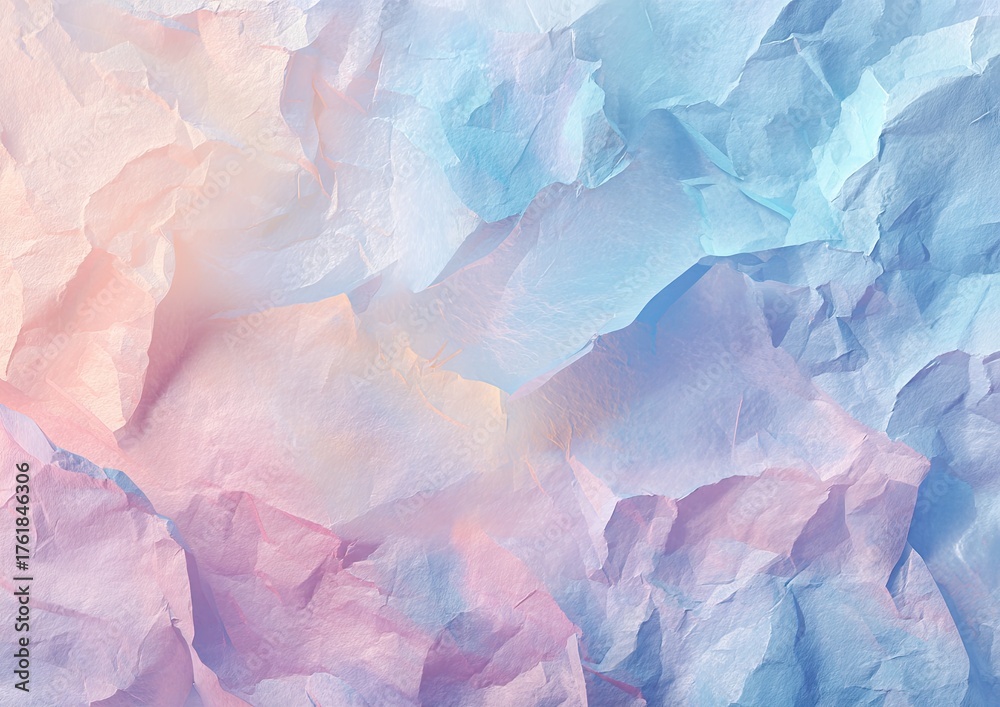 Fototapeta premium Close-up of creased paper texture with a gradient of soft pastel pink, peach, and blue hues