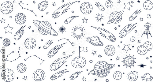 hand drawn planets and constellations adding a dreamy space theme to kids decor or birthday invitation graphics