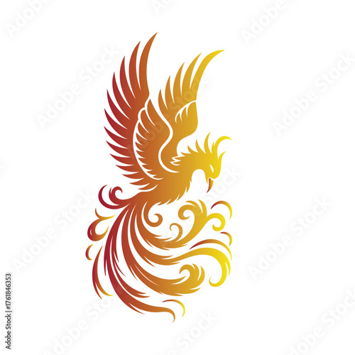 Abstract gradient phoenix logo with fiery wings symbolizing rebirth, power, and freedom on a white background.