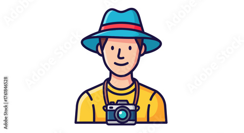 Cartoon man wearing a blue hat and yellow shirt with a camera around his neck.