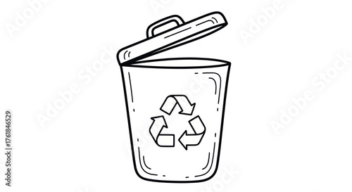 Hand-drawn Recycling Bin with Open Lid and Symbol Line Art.