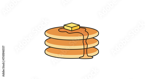 Simple cartoon illustration of a stack of three pancakes with melting butter and syrup.