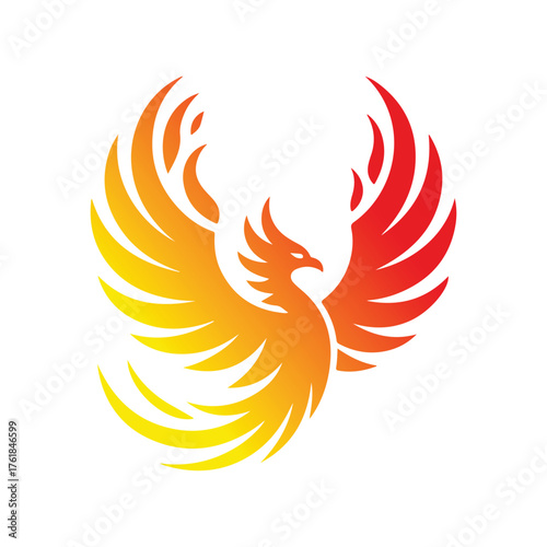 Abstract gradient phoenix logo with fiery wings symbolizing rebirth, power, and freedom on a white background.
