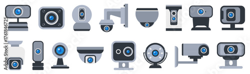 Security camera collection with blue lenses and modern forms. Various surveillance and webcam models for monitoring and safety projects