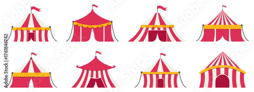 Circus tent collection with red and white striped roofs. Carnival pavilions and big tops for entertainment, show and festival