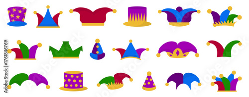 Jester hat collection in bright carnival colors. Funny joker and clown headwear icons for festival, entertainment or theater themes