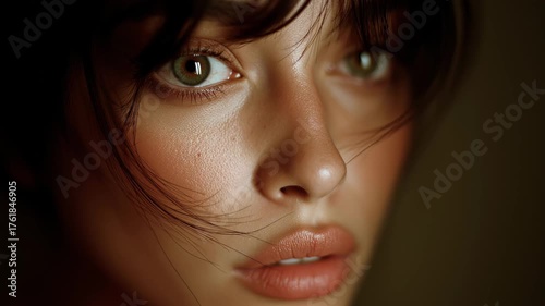 Elegant closeup of woman with mesmerizing gaze and windswept hair in soft lighting