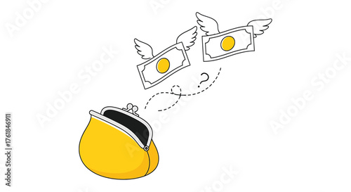 Money flying away from an empty wallet concept of financial loss, bankruptcy, or overspending handdrawn illustration