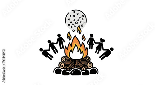 People Gathered Around Campfire Under Starry Night Sky Illustration.