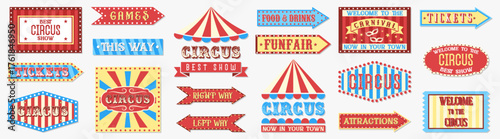 Circus signboard collection with colorful typography and arrows. Retro banners for amusement park, carnival, and entertainment themes