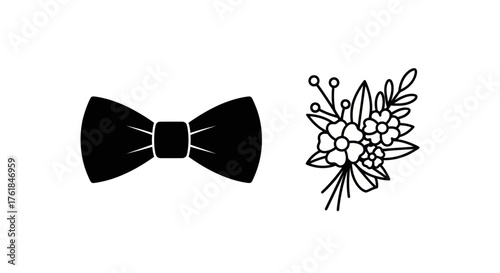 Black Bow Tie and Floral Bouquet Line Art Illustration.