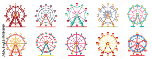 Ferris wheel collection in colorful flat style. Amusement park and carnival attraction icons symbolizing joy and leisure