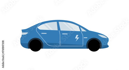Sleek Blue Electric Sedan with Charging Symbol.