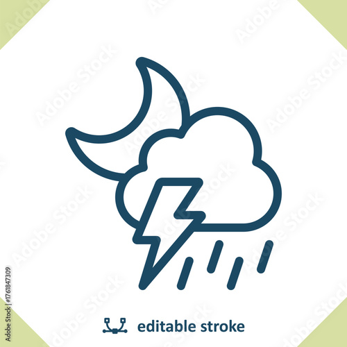Storm Icon. Rain, Raining, Cloud, Moon, Night, Lightning Bolt, Lightning Storm, Weather