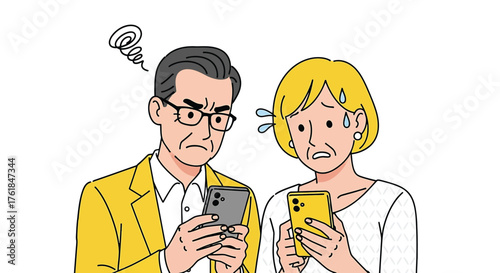 Middleaged couple looking at their smartphones with worried expressions