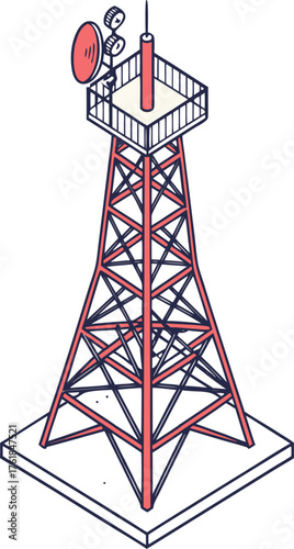 5G communication tower isometric vector with antenna and signal waves, no background.