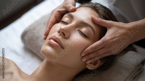 Wallpaper Mural Person Receiving Facial Massage in Spa Setting with Relaxed Expression and Soft Lighting Torontodigital.ca