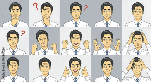 Set of businessman expressions and emotions, ideal for presentations, infographics, or illustrating workplace scenarios