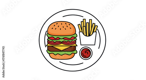 Burger Fries and Ketchup on a Plate: A Delicious Fast Food Meal.