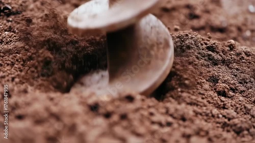 A drill bit bores into the ground, sending soil fragments into the air. Close-up and detailed view