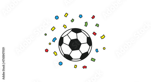 Soccer ball with confetti black and white celebration graphic.