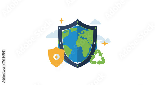 Earth Globe Shield with Recycling Symbol for Environmental Protection.