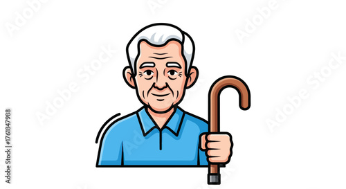 Elderly Man with Walking Cane: Cartoon Style Portrait.