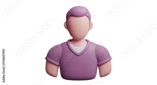 Stylized 3D Male Avatar with Purple Hair and V-Neck Shirt.